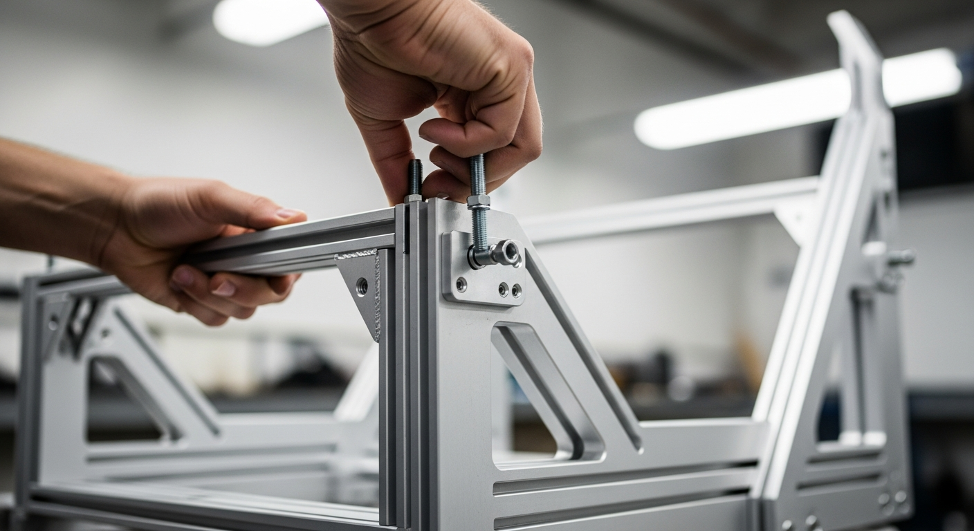 Montage d'un cockpit aluminium profilé, gros plan sur l'assemblage des profilés T-slot avec clé Allen