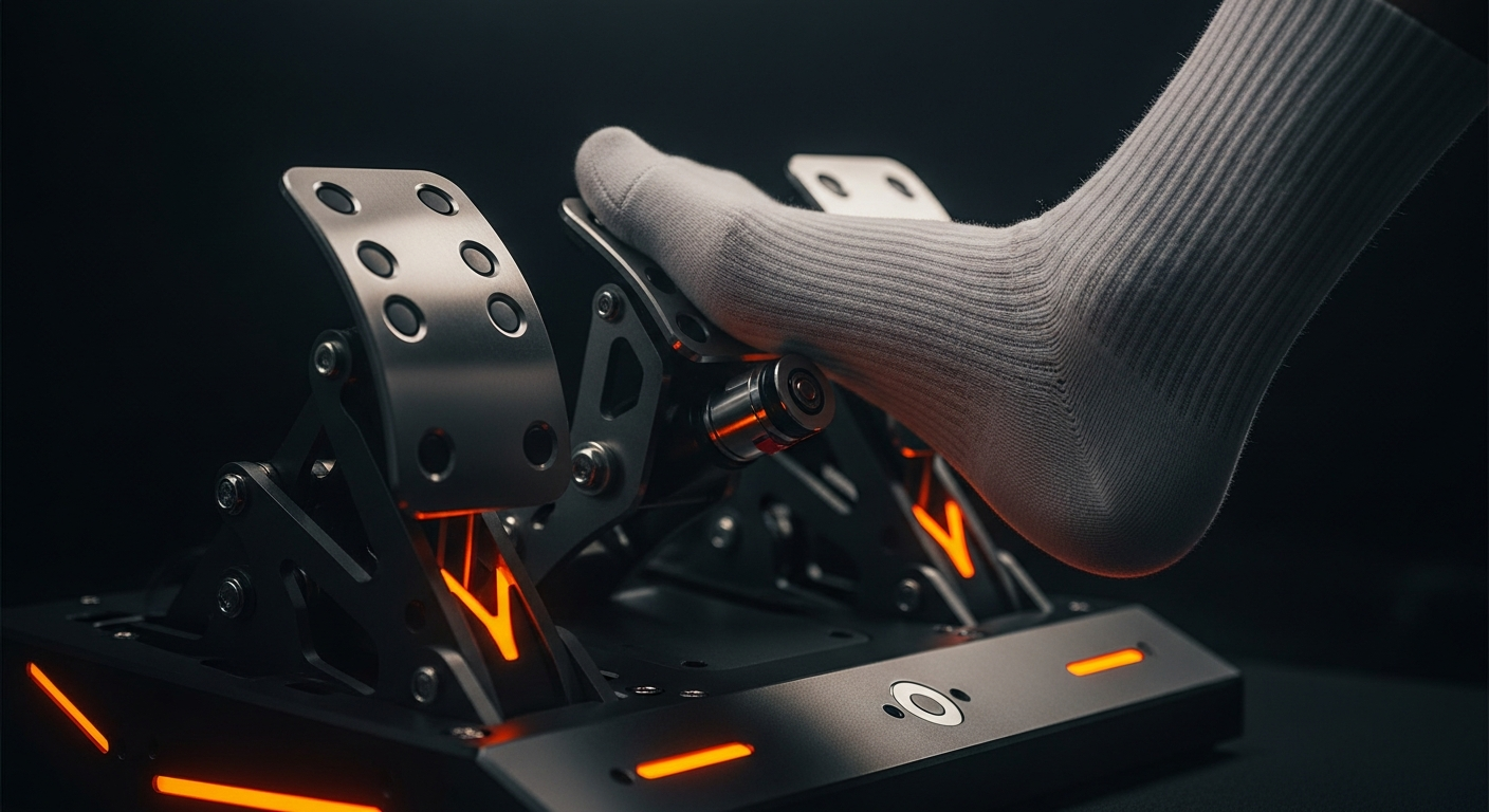 Gros plan sur un pédalier loadcell de sim racing en action, montrant la pression exercée sur la pédale de frein